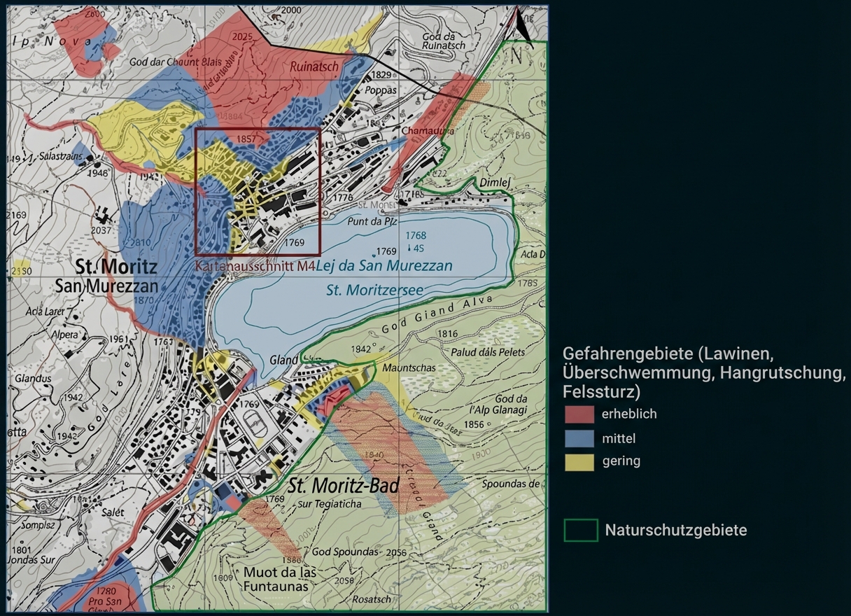 Karte von St. Moritz mit farbigen Gefahrenzonen (Lawinen, Überschwemmung, Hangrutsch) und markierten Naturschutzgebieten.